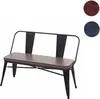 A product shot of a two-seater bench with a black metal frame and a brown faux leather seat and backrest. Two colored circles, one red and one blue, are visible in the upper right corner, likely indicating color options. Produktbild-Vorschau