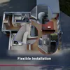 A 3D rendering of a house with callouts showing flexible installation of a portable air conditioner. Produktbild-Vorschau