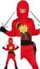 A child wearing a red ninja costume with a dragon emblem and holding toy swords. Produktbild-Vorschau