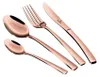 A set of rose gold cutlery, including a knife, fork, and two spoons, arranged diagonally against a white background. Podgląd zdjęcia produktu