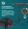 A marketing image showcasing a high-quality, easy-to-clean standing table with descriptive text and feature highlights. Produktbild-Vorschau