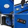 Collage of close-up shots of a blue generator, showing fuel cap, engine, and a fuel level indicator. Produktbild-Vorschau