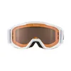 A pair of white ski goggles with orange trim and brown lenses, presented on a white background. Produktbild-Vorschau