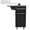 A black kitchen island with a wooden countertop, shown from the side. Produktbild-Vorschau