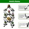 A black metal plant stand with multiple shelves displaying various potted plants, with text overlays describing its features. Náhled obrázku produktu