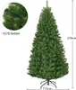 A green artificial Christmas tree with a stand, shown against a white background. A close-up inset shows the tree's needles. Dimensions are indicated. Produktbild-Vorschau