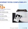 A marketing image showing a printer and a list of compatible printer models, with a picture of a cat emerging from the printer. Produktbild-Vorschau