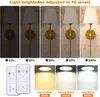 Collage of images showing a wall lamp at different brightness levels, remote controls, and different color temperatures of light. Produktbild-Vorschau