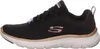 A side view of a single black Skechers sneaker with rose gold accents. Voir les images du produit
