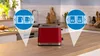 A red toaster is shown on a wooden countertop in a kitchen setting. Two blue circular overlays with icons are pointing to the toaster, indicating different functions or appliance types. Voir les images du produit