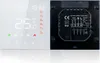 A digital thermostat with a touchscreen display showing temperature and time, and a rear view showing connection terminals. Podgląd zdjęcia produktu