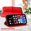 A red phone case with a floral design is shown open, displaying a smartphone with apps on its screen. A woman is visible in the background, and a plant is on the right. Produktbild-Vorschau