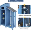 A blue wooden garden shed with multiple storage compartments and shelves, with close-up insets highlighting storage features. Voir les images du produit