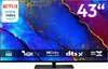 A television screen displaying a colorful abstract image with various logos and text overlays indicating features. Produktbild-Vorschau
