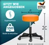 A marketing image of an orange rolling stool with dimensions and features highlighted. Produktbild-Vorschau