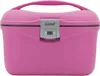 A pink beauty case with a combination lock.