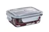 A glass food storage container with a clear lid and gray locking clasps, filled with sliced red vegetables, likely beets. Produktbild-Vorschau