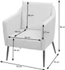 A white armchair with dimensions indicated by arrows and text. Produktbild-Vorschau