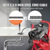 A drain cleaning machine with its cable shown going through a drain and a pipe bend, comparing solid steel cable to hollow cable. Produktbild-Vorschau