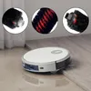 A robotic vacuum cleaner is shown on a floor, with close-up insets of its brush attachments. Produktbild-Vorschau