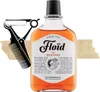 A bottle of Floid The Genuine Aftershave is shown next to a barber's razor and comb, with torn paper elements on the sides. Voir les images du produit