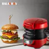 A hamburger and a red burger maker are displayed on a light gray background. Produktbild-Vorschau
