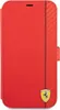 A red flip-style phone case with a carbon fiber stripe and the Ferrari logo. Voir les images du produit