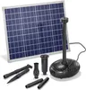 A solar-powered fountain kit is displayed on a white background, showing the solar panel, pump, and various attachments. Produktbild-Vorschau