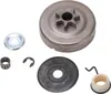 A collection of chainsaw clutch parts laid out on a white background. Voir les images du produit