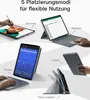 Collage of images showing different ways to use a tablet with a keyboard case, illustrating various modes like drawing, working, reading, typing, and watching movies. Produktbild-Vorschau