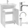 A white bathroom vanity with a sink and faucet, along with plumbing accessories, displayed against a white background. Podgląd zdjęcia produktu