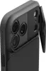 Close-up view of the rear camera module of a black smartphone case, with a protective flap open. Produktbild-Vorschau