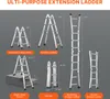 A collage of images showing an extension ladder in various configurations and sizes, with text annotations and labels. Anteprima dell’immagine prodotto