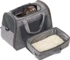 A gray cat carrier bag with a cat inside and a separate litter box with litter. Náhled obrázku produktu