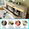 A collage of images showcasing a bed with storage features, including pockets, shelving, and LED lighting controlled by a smartphone app. Produktbild-Vorschau