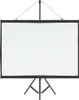 A white projection screen with a black frame is mounted on a black tripod stand. The screen is taut and ready for use. Produktbild-Vorschau