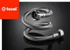 A stainless steel braided hose is coiled on a black reflective surface, with a red square logo in the upper left corner. Náhled obrázku produktu