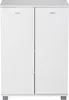A front view of a white shoe cabinet with two doors and silver handles, standing on small gray legs. Náhled obrázku produktu