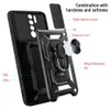 A black phone case with a kickstand and camera cover, with labels pointing out its features. Produktbild-Vorschau