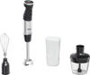 A set of kitchen appliances including a hand blender, a whisk attachment, a measuring cup, and a chopper attachment, displayed on a white background. Produktbild-Vorschau