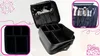 A collage of images showing a black cosmetic organizer case, with close-ups of its interior compartments and a section showing makeup brushes stored inside. Náhľad obrázku produktu