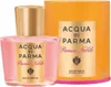 A bottle of Acqua di Parma Peonia Nobile Eau de Parfum and its cylindrical packaging are displayed against a white background. Podgląd zdjęcia produktu