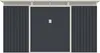 A front view of a dark grey garden shed with beige trim and a decorative white top. Produktbild-Vorschau
