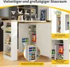 A kitchen island with storage, featuring pull-out shelves and drawers, with close-up insets highlighting specific features. Produktbild-Vorschau