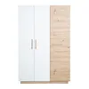 A three-door wardrobe with a white front and a wood-effect side panel, presented against a white background. Produktbild-Vorschau