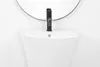 A close-up shot of a white pedestal sink with a black faucet, positioned in front of a white wall and a circular mirror. Náhled obrázku produktu