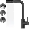 A black kitchen faucet with water flowing from its spout, shown with inset images demonstrating different spray modes. Náhled obrázku produktu