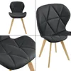 A collage of four images showing different views of a black faux leather dining chair with wooden legs. Produktbild-Vorschau
