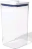 A clear, studio shot of a tall, square, clear plastic food storage container with a white lid and a blue band around the lid. Náhled obrázku produktu