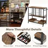 A collage of images showcasing a bar cart and its features, including a close-up of the wood grain, a wine rack, and a raised edge design. Podgląd zdjęcia produktu